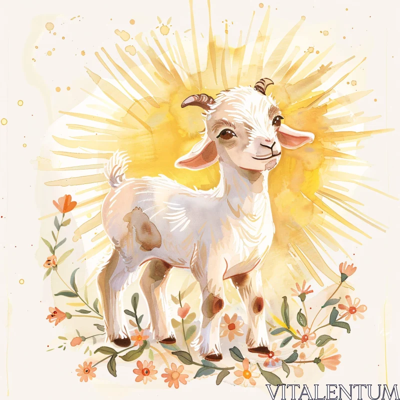 AI ART Charming Goat Among Blossoms Illustration