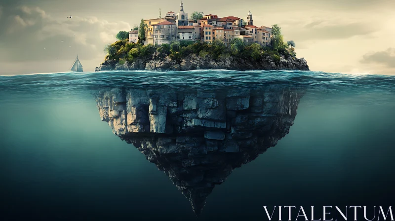 AI ART Fantasy Inverted Island with Village