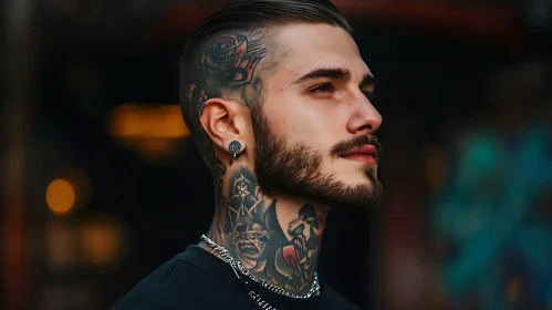 Tattooed Man with Beard and Slicked-Back Hair