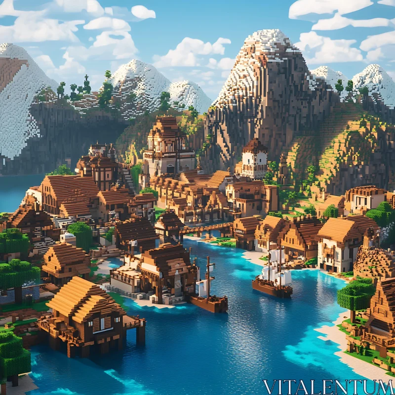 Pixelated Village in Minecraft Landscape AI Image