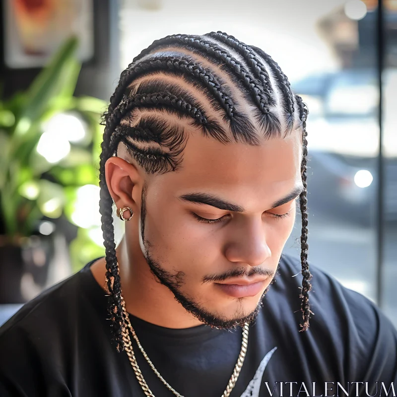 Portrait of a Man with Braided Hair AI Image