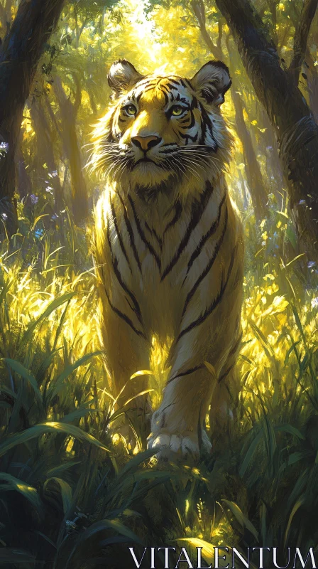 Sunlit Forest with a Majestic Tiger AI Image