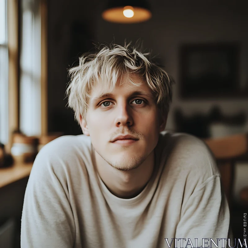 Intimate Indoor Portrait of a Casual Blonde-haired Man AI Image