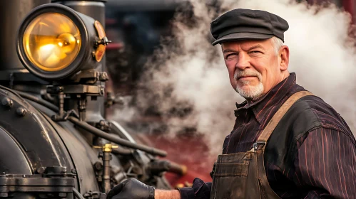 Vintage Railroad Worker with Steam Engine