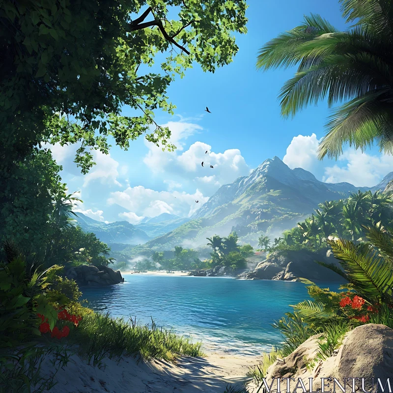 Serene Island Paradise with Lush Foliage and Mountains AI Image