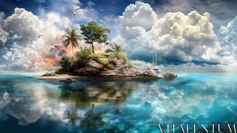 Serene Island Landscape with Sailboat and Seagulls AI Image