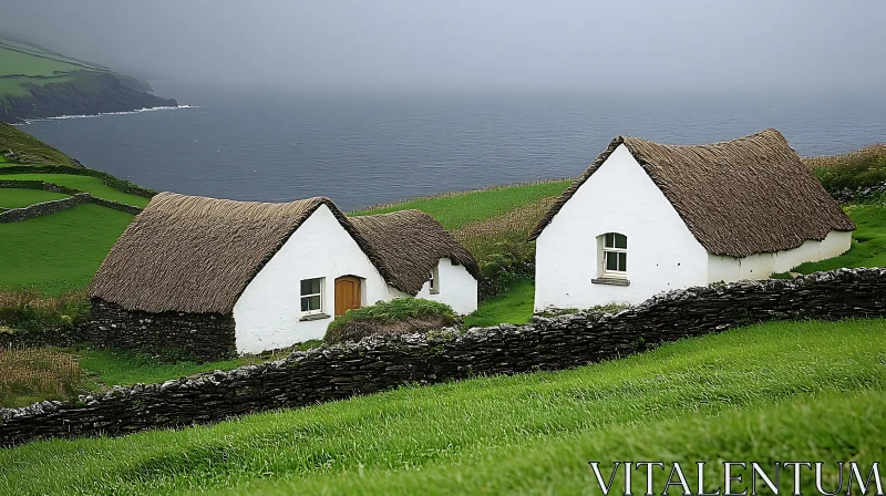 AI ART Serene Seaside Thatched-Roof Cottages