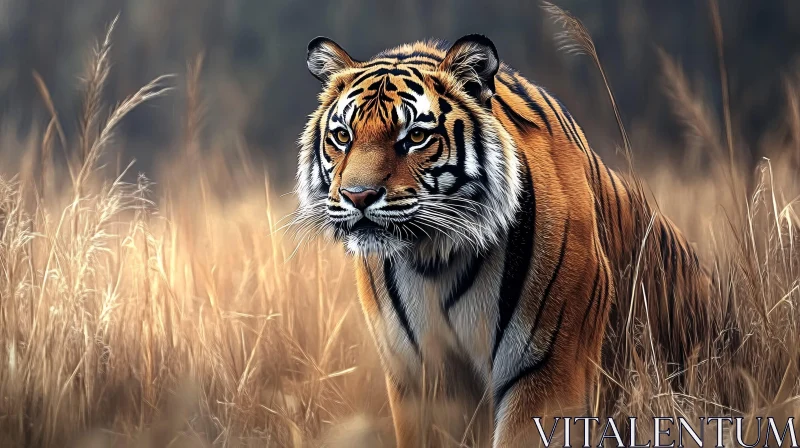 Graceful Tiger Prowling in Grassland AI Image