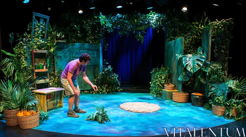 Man on Forest-Themed Theatre Stage AI Image