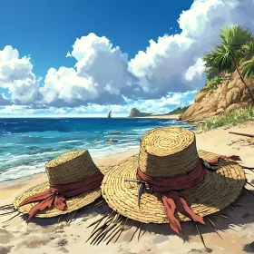 Tranquil Coastal View with Straw Hats