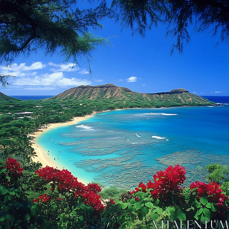 Scenic View of Tropical Beach and Lush Mountains AI Image