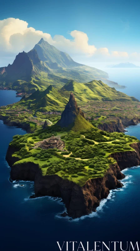 Mystical Green Island Amidst Blue Ocean AI Image