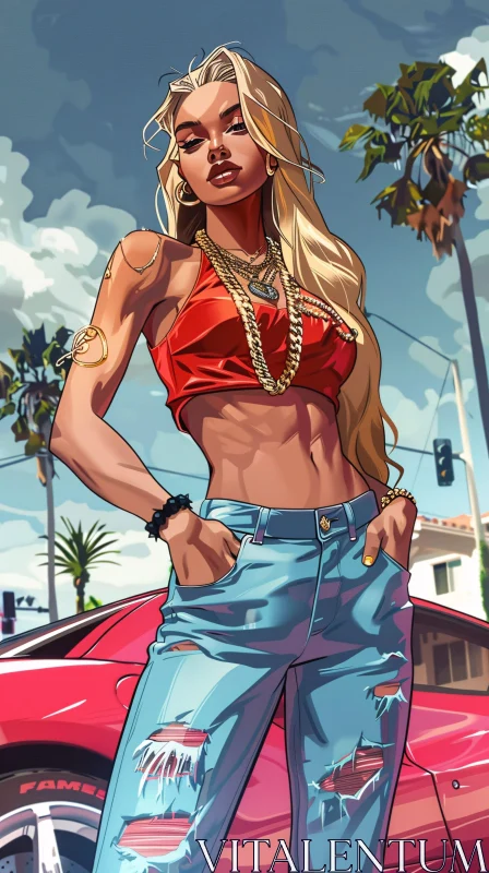 Illustration of Styled Woman in Urban Setting AI Image