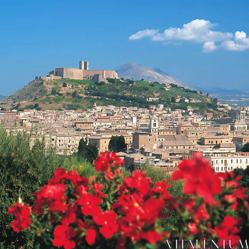 City View with Hilltop Fortress and Red Flowers AI Image