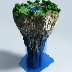 Voxel Art Floating Island with Waterfall