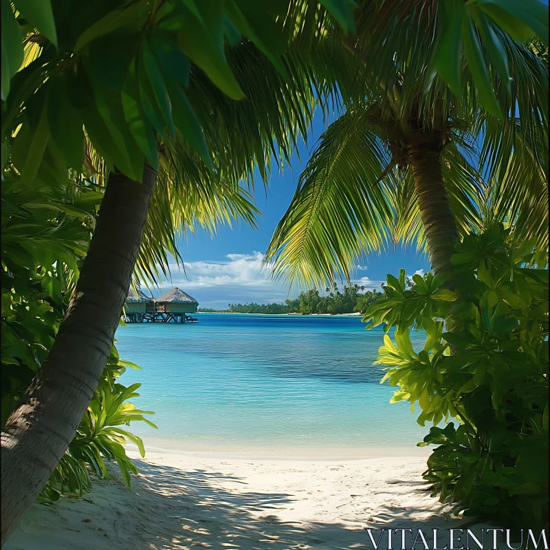 Idyllic Tropical Beachscape with Lush Palm Trees and Turquoise Waters AI Image