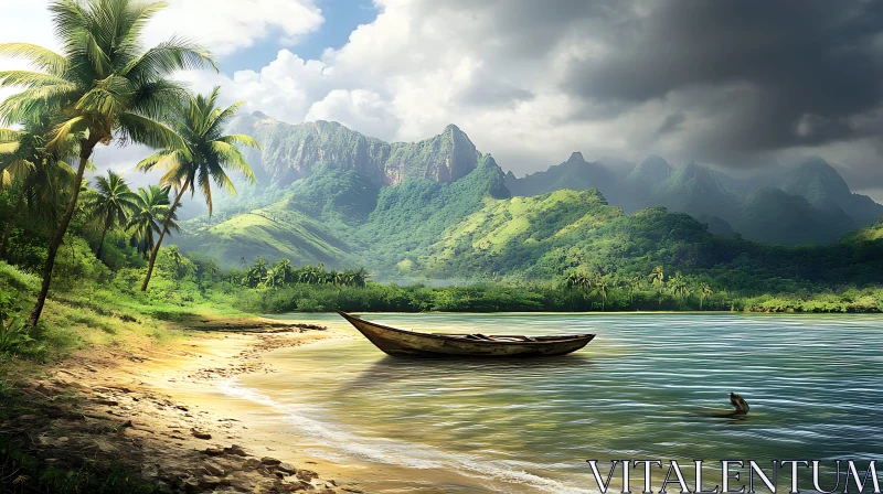 Tranquil Island Shoreline with Wooden Boat and Lush Mountains AI Image