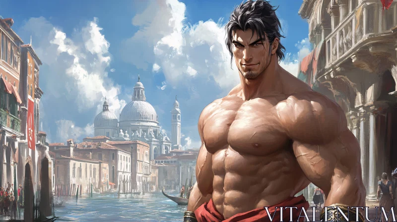 Fantasy Scene with Muscular Man in Venice AI Image