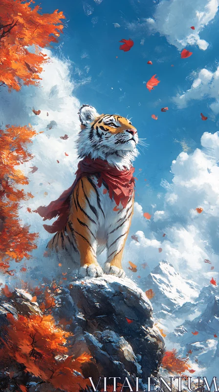 AI ART Tiger Standing on Rocky Ledge with Autumn Leaves