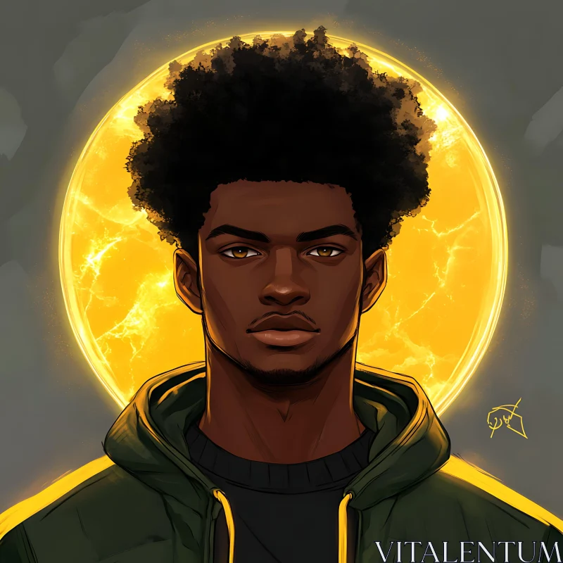 Illustrated Man in Green Hoodie with Radiant Sun Backdrop AI Image