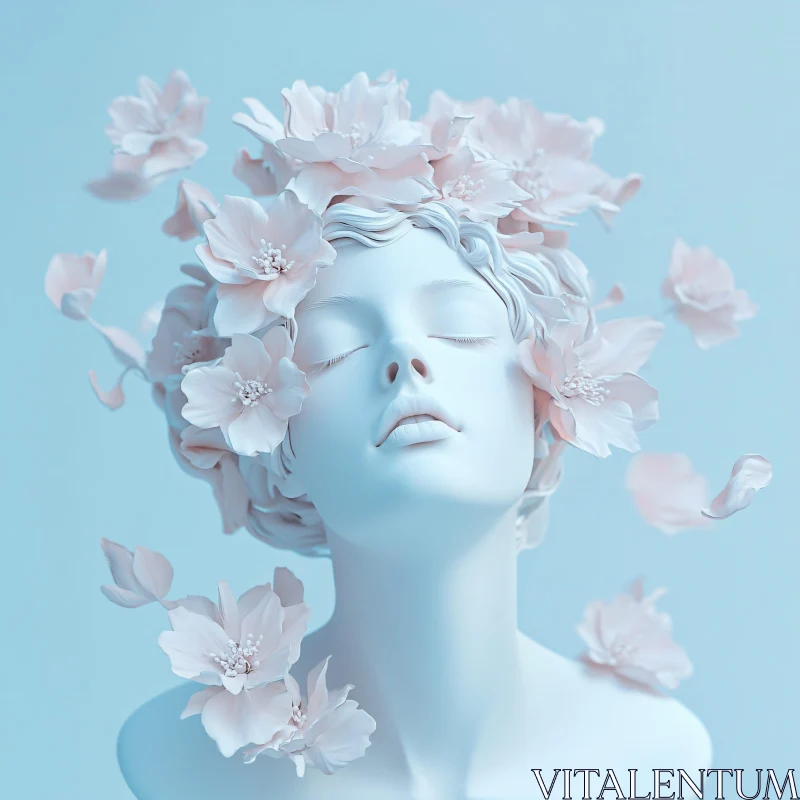 Serene Sculpture with Pastel Pink Flowers AI Image