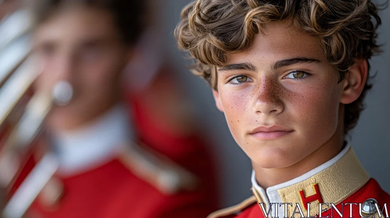 Young Boy in Red and Gold Uniform with Freckles AI Image