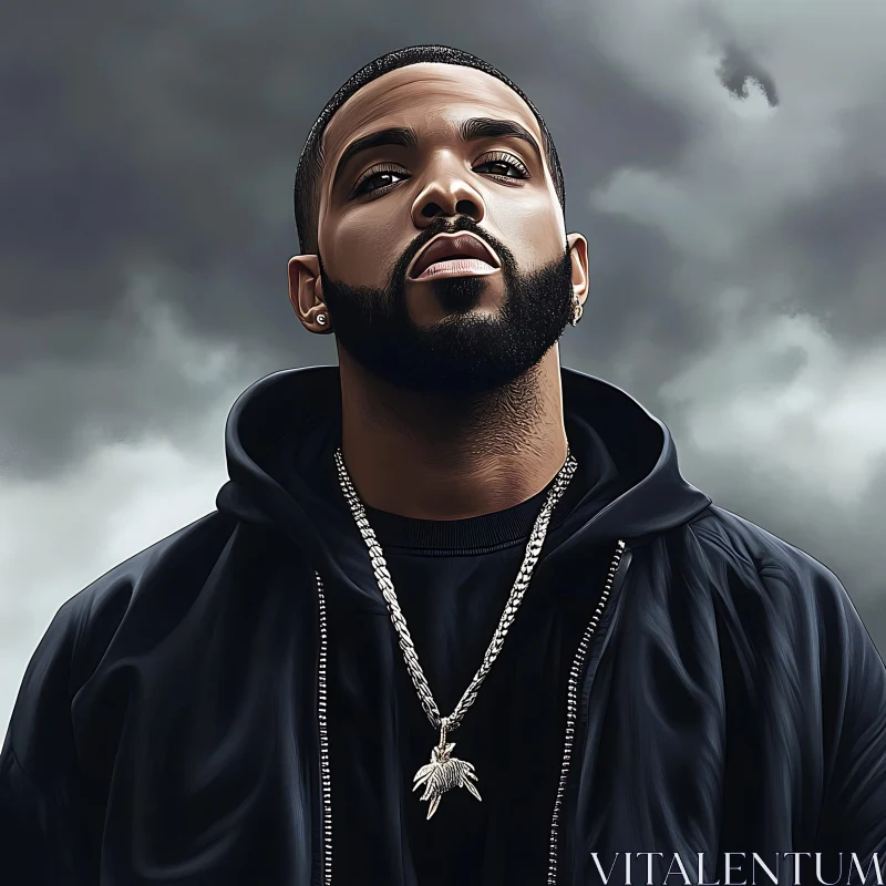 Moody Portrait of a Man with a Beard and Chain AI Image