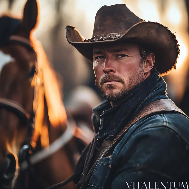 Stoic Cowboy with Horse in Evening Light AI Image