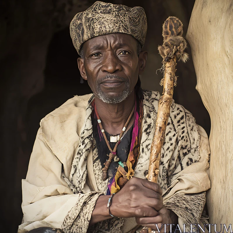 Portrait of a Wise Elder Holding a Staff AI Image