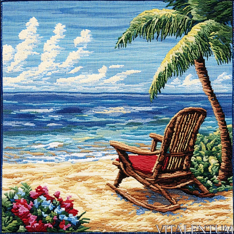 Serene Beach Landscape with Ocean, Rocking Chair, and Palm Tree AI Image