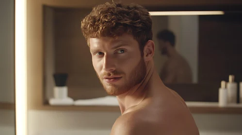 Man with Red Hair in Bathroom Mirror Reflection