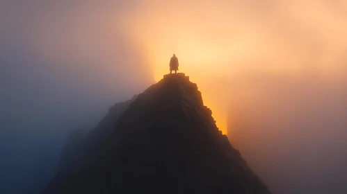 Mysterious Figure on a Sunset-Lit Mountain