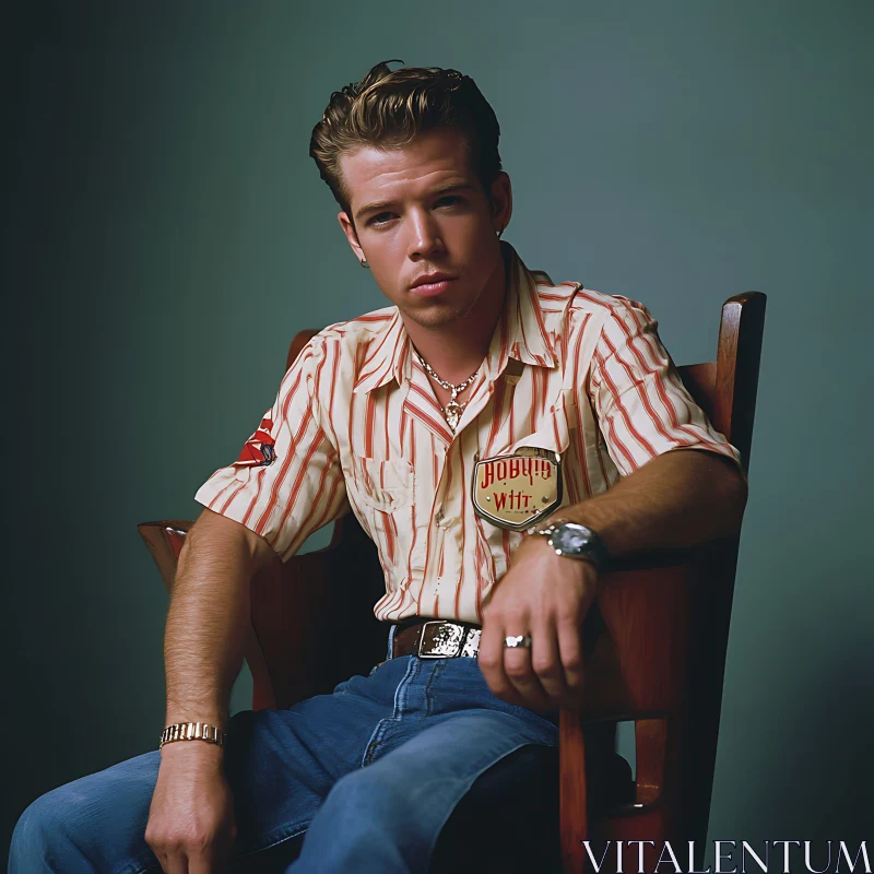 Retro Styled Man Sitting on Wooden Chair AI Image