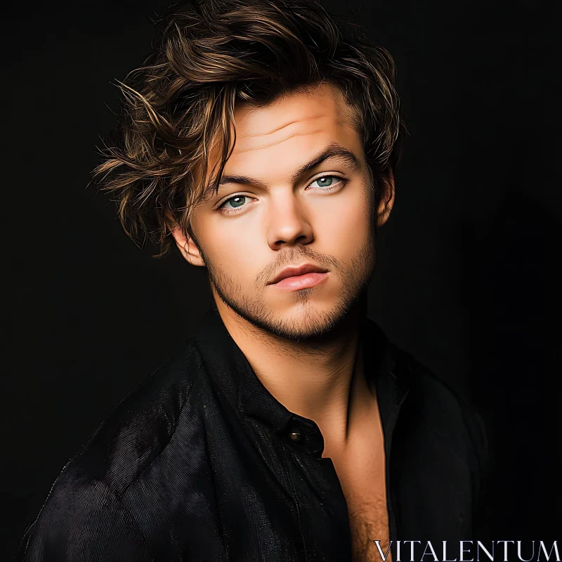 Portrait of a Man with Tousled Hair and Dark Shirt AI Image