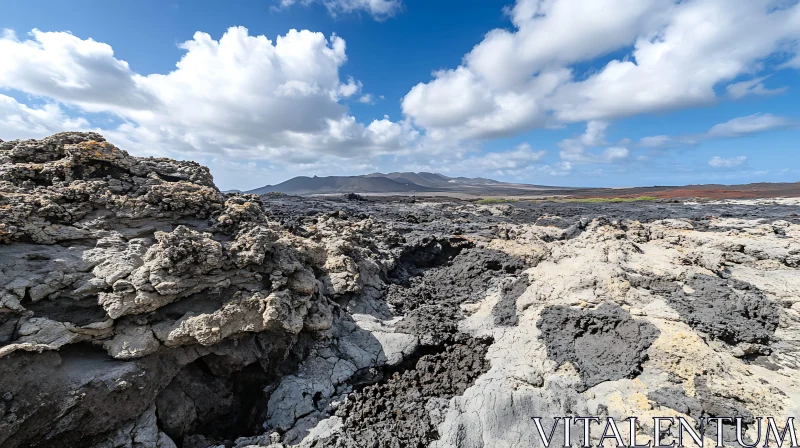 Rugged Volcanic Terrain Under Blue Sky AI Image