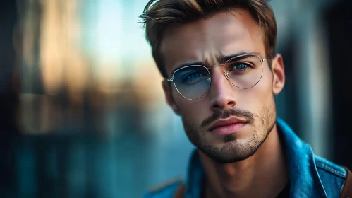 Serious Man with Glasses and Blue Eyes Portrait