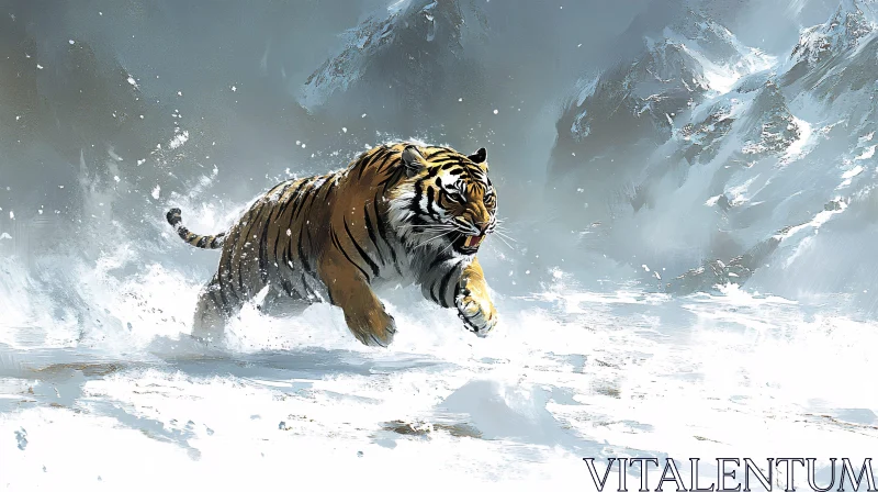 Fierce Tiger in Snow-Covered Mountain Landscape AI Image