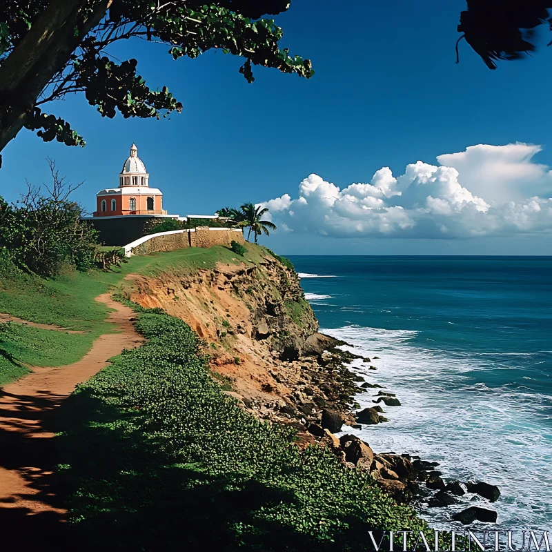 Serene Coastal Cliff with Distinct Architecture AI Image