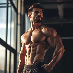 Fitness Model Displaying Defined Muscles in Gym