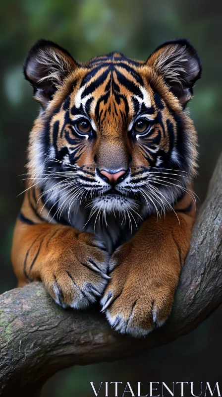 Close-Up of Tiger Cub Resting on Tree Branch AI Image