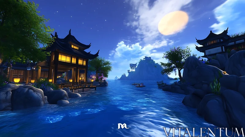 Moonlit Waterfront with East Asian Architecture AI Image