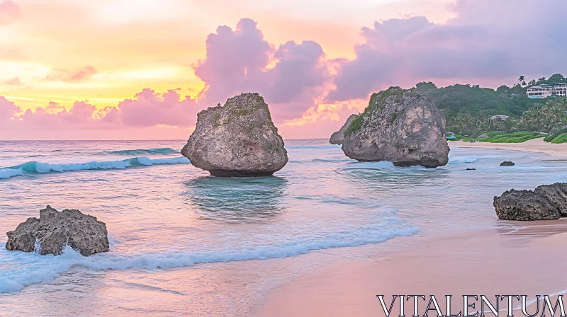 Beach Sunset: Rocks, Waves, and Scenic Sky AI Image