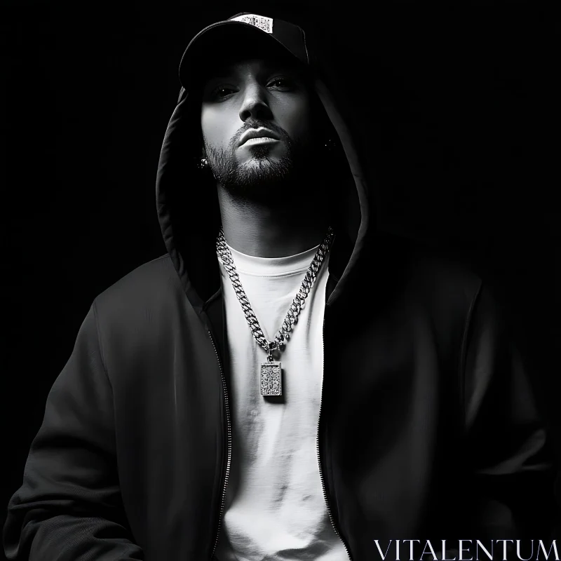 Black and White Portrait of a Man Wearing a Cap and Hoodie AI Image