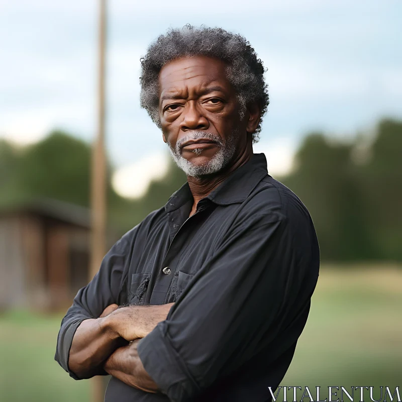 Elderly Man with Grey Hair and Serious Expression Outdoors AI Image