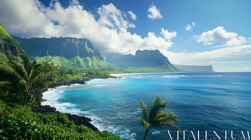 AI ART Idyllic Seascape with Green Mountains and Palms