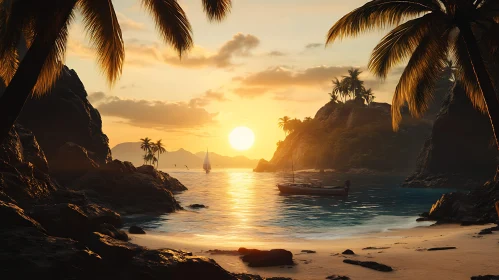 Warm Beach Sunset with Palm Trees and Sailboat