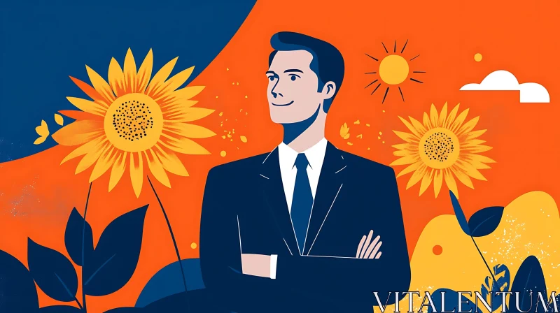 Confident Man and Sunflowers Abstract Art AI Image