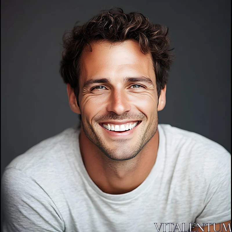 Happy Young Man Portrait in Grey T-shirt AI Image