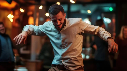 Man Dancing with Joy in Lively Nightlife Setting