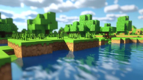 Blocky Trees and Water Scene in Nature